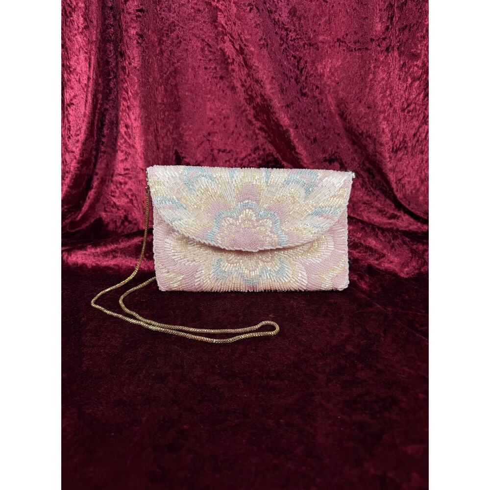Vintage Beaded Evening Bag / Purse Pastel Sunburst Seed Bead Chain Strap Clutch